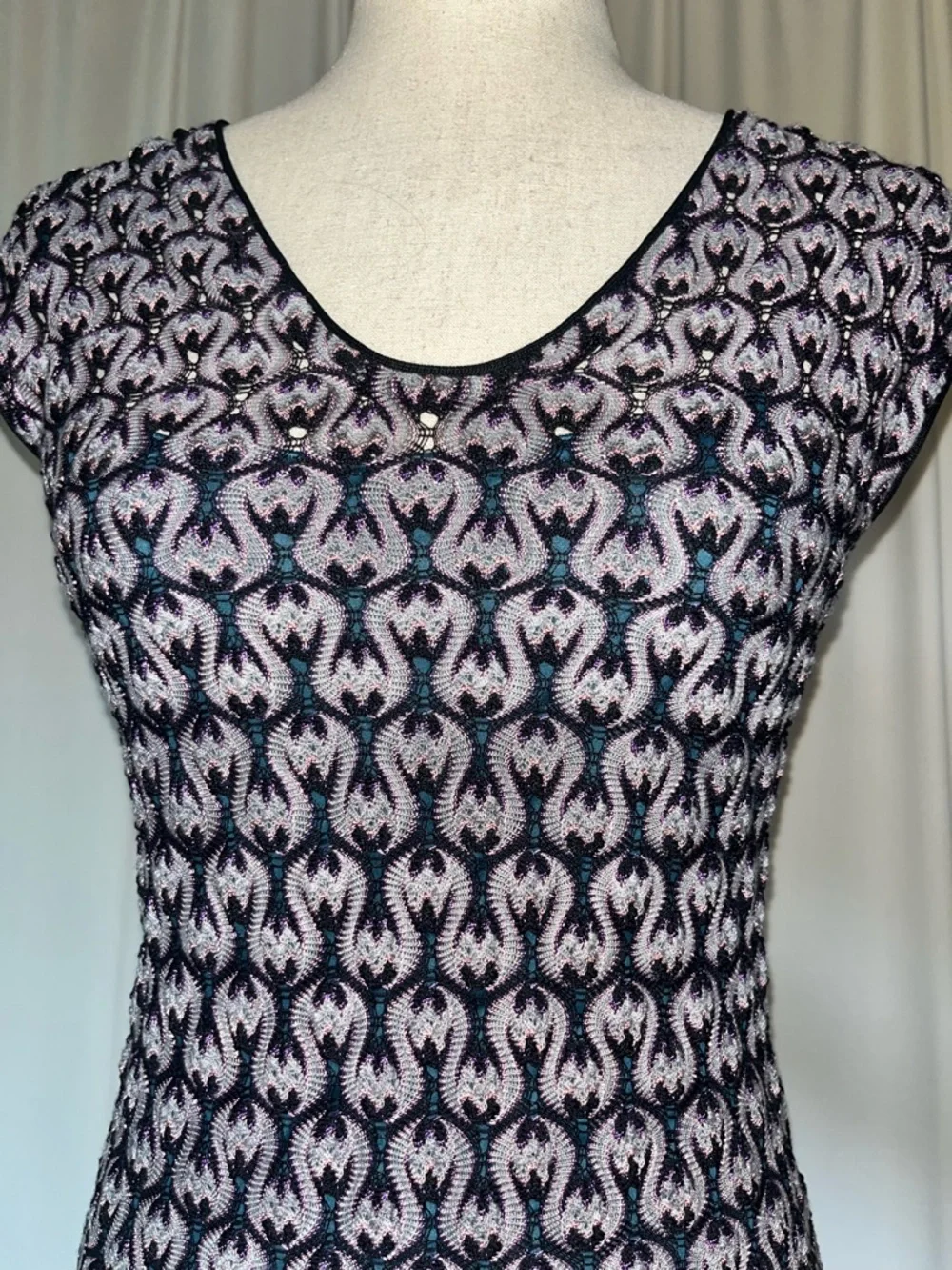 Missoni Classic Crocket Knit Midi Length Sheath Dress in Purple, Black, and Teal - Picture 6 of 11